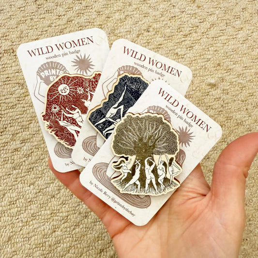WILD WOMEN wooden pin badges