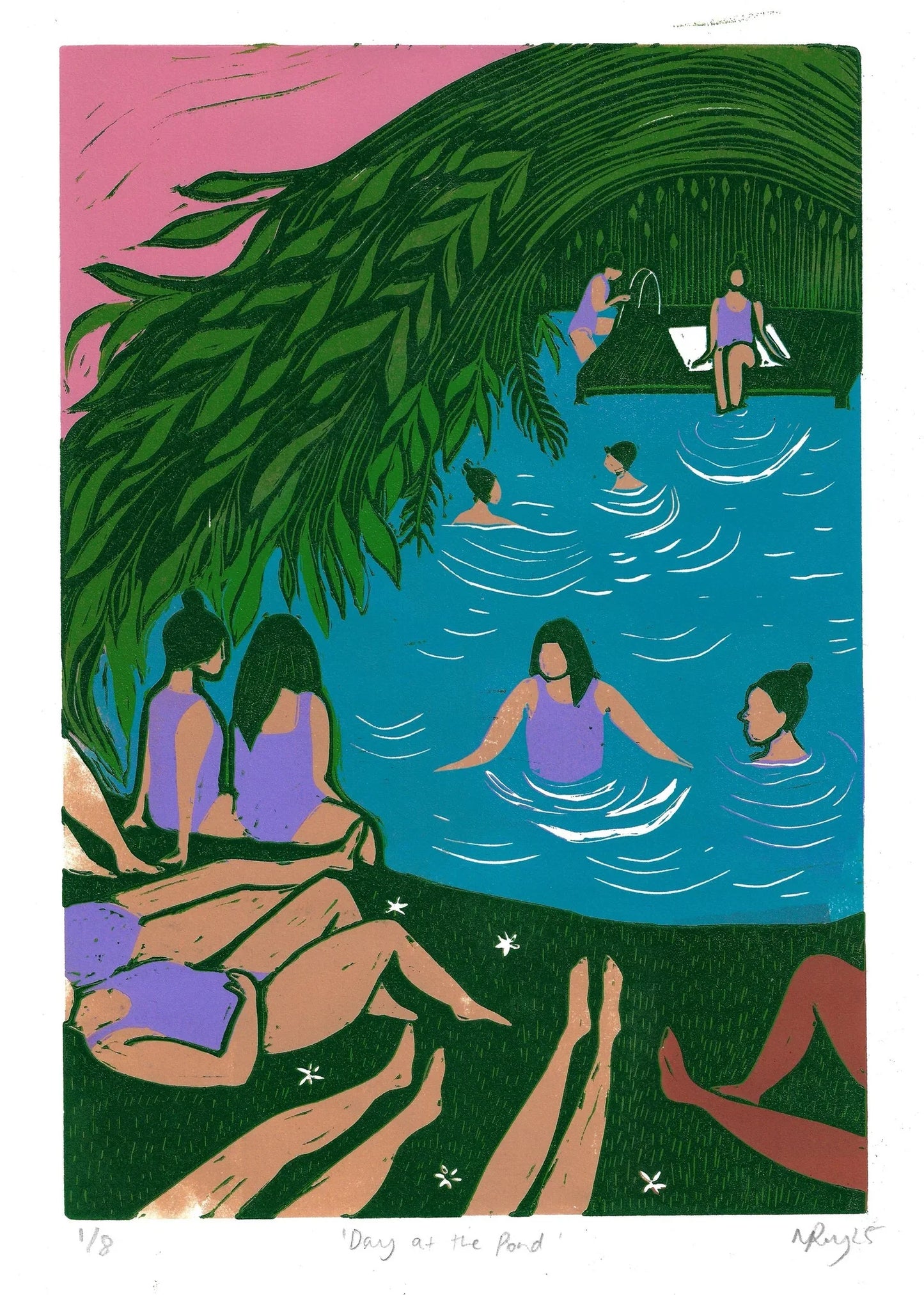 DAY AT THE POND reduction Linoprint