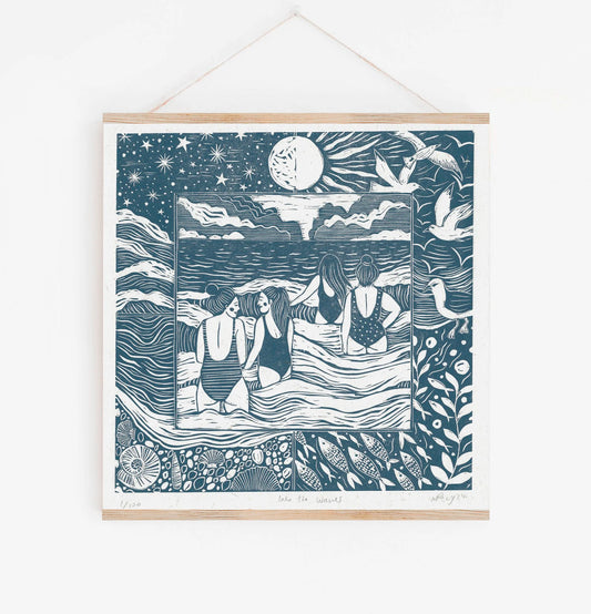 INTO THE WAVES linoprint