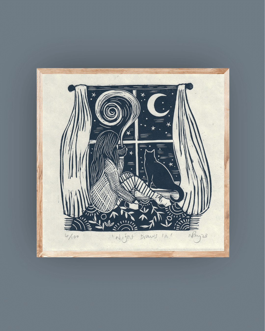 NIGHT DRAWS IN linoprint