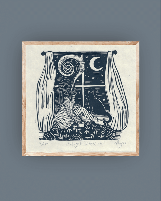NIGHT DRAWS IN linoprint