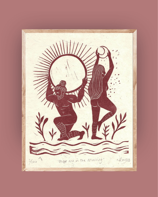 MEET ME IN THE MORNING linoprint