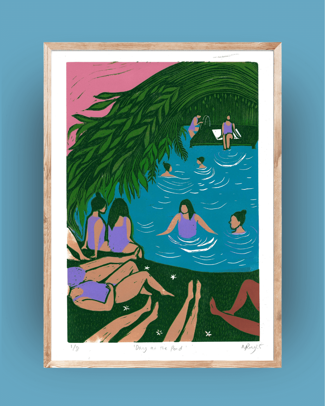 DAY AT THE POND reduction Linoprint