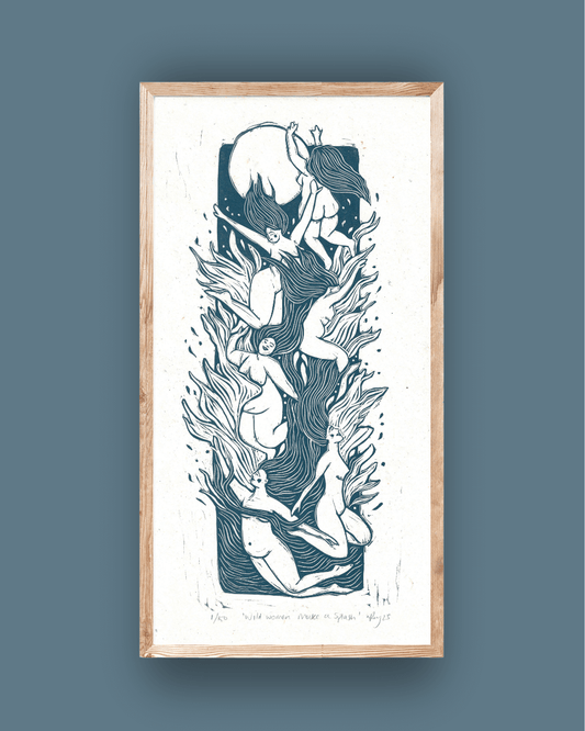 WILD WOMEN MAKE A SPLASH linoprint