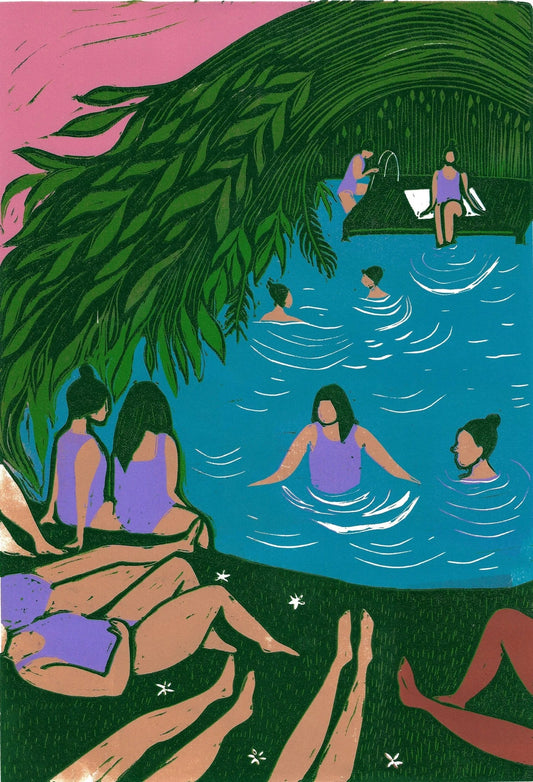 DAY AT THE POND reduction Linoprint