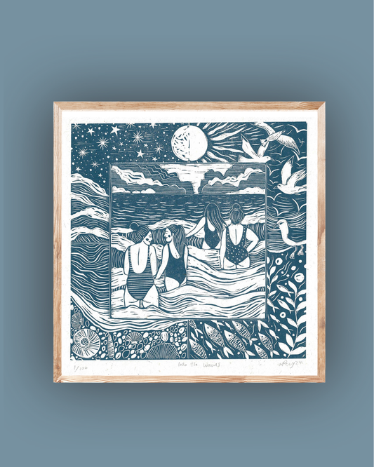 INTO THE WAVES linoprint