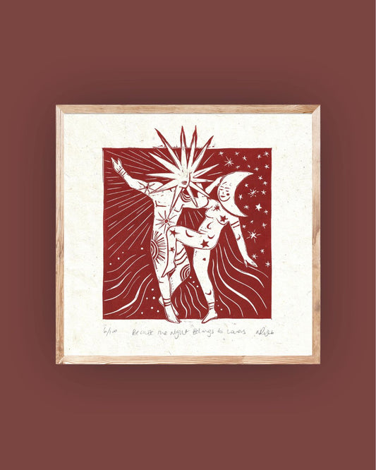 BECAUSE THE NIGHT linoprint