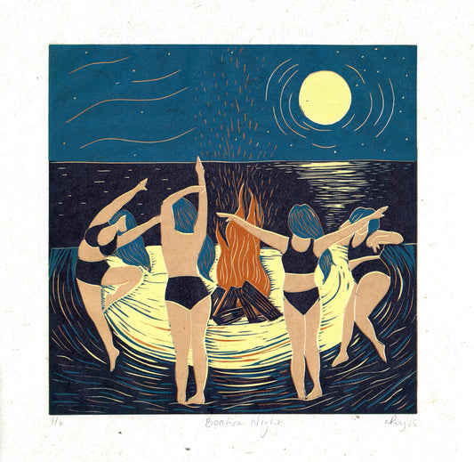 BONFIRE NIGHT reduction linoprint