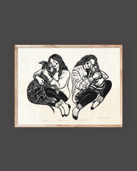 CREATURE COMFORTS linoprint