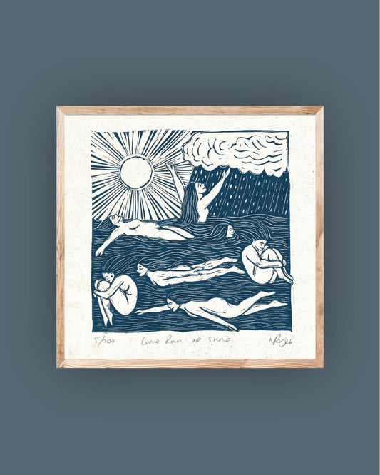 COME RAIN OR SHINE linoprint