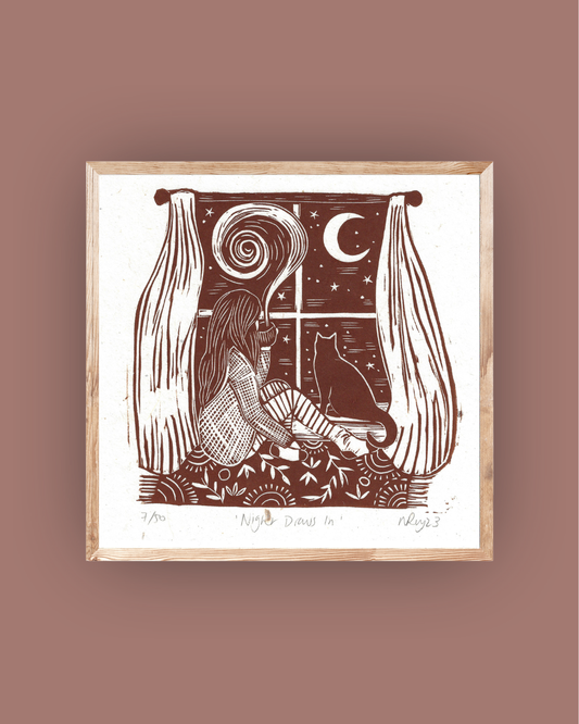 NIGHT DRAWS IN linoprint