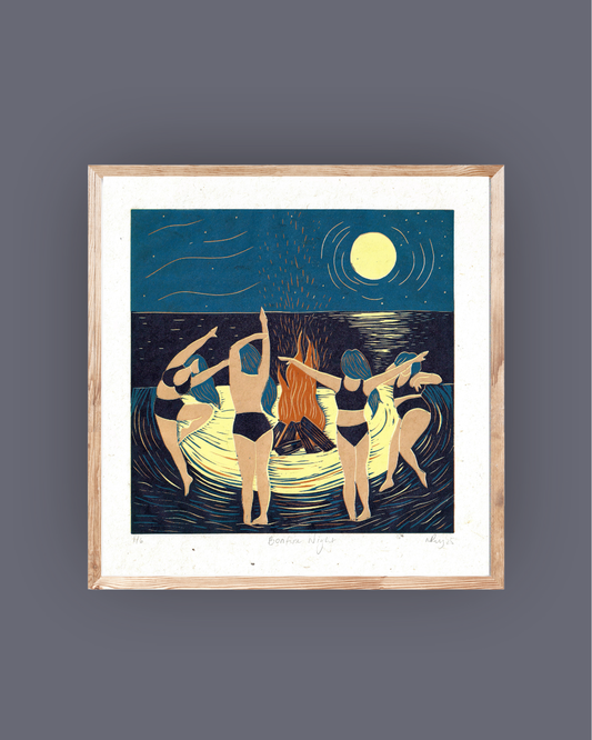 BONFIRE NIGHT reduction linoprint