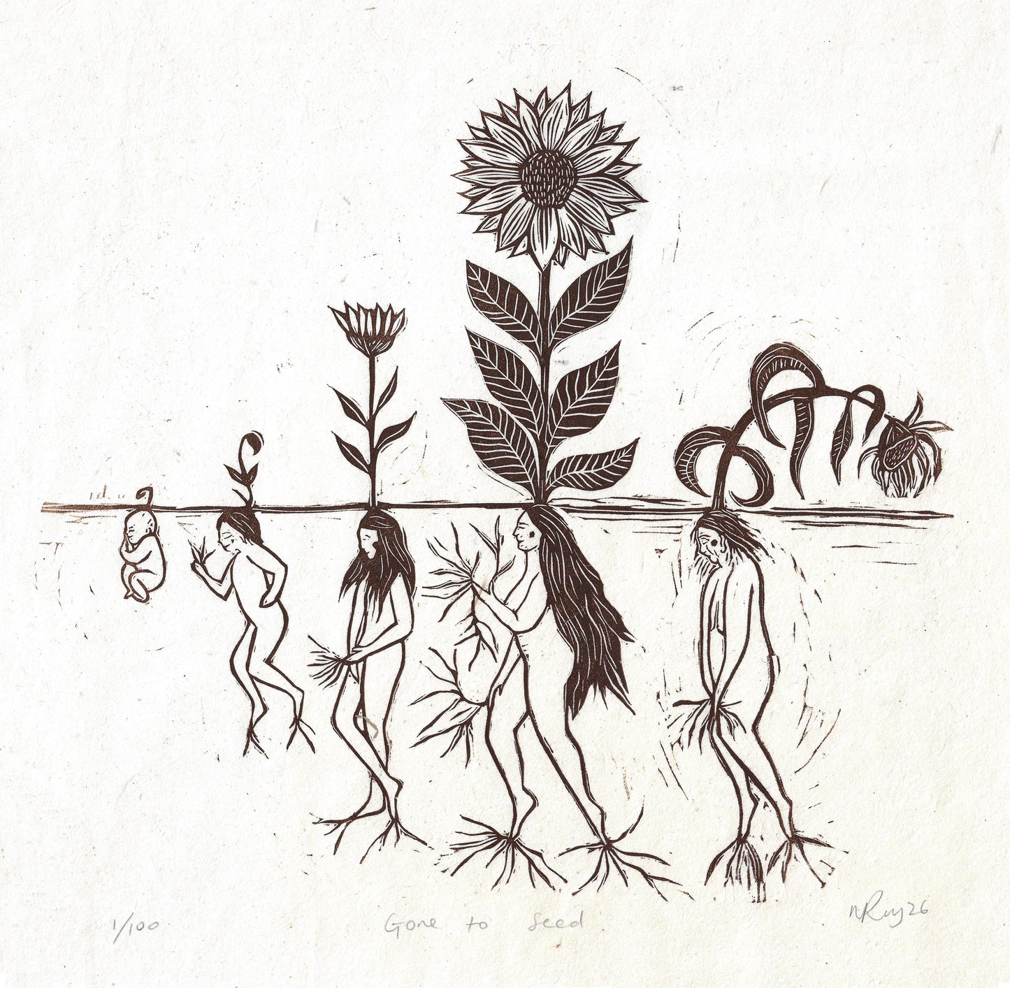 GONE TO SEED linoprint