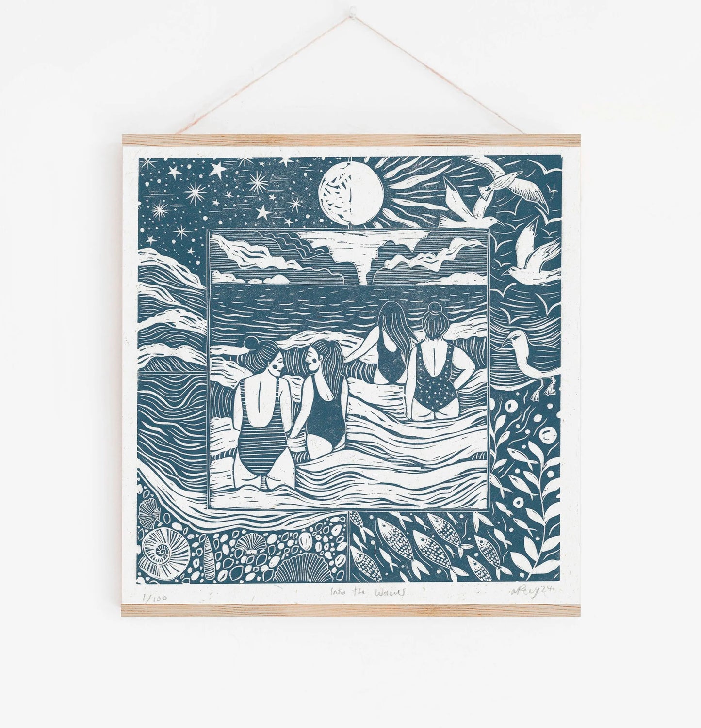 INTO THE WAVES linoprint
