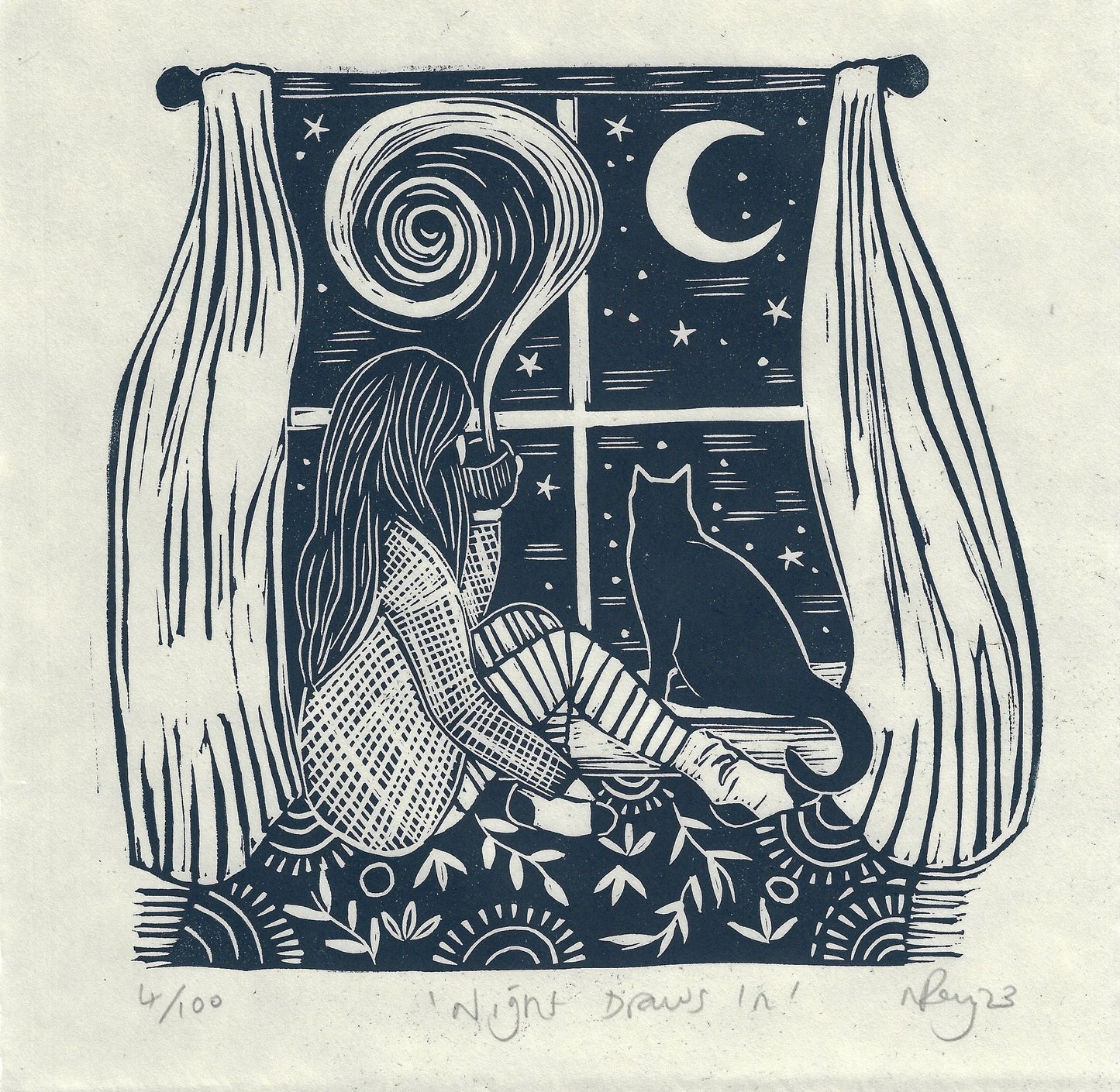 NIGHT DRAWS IN linoprint