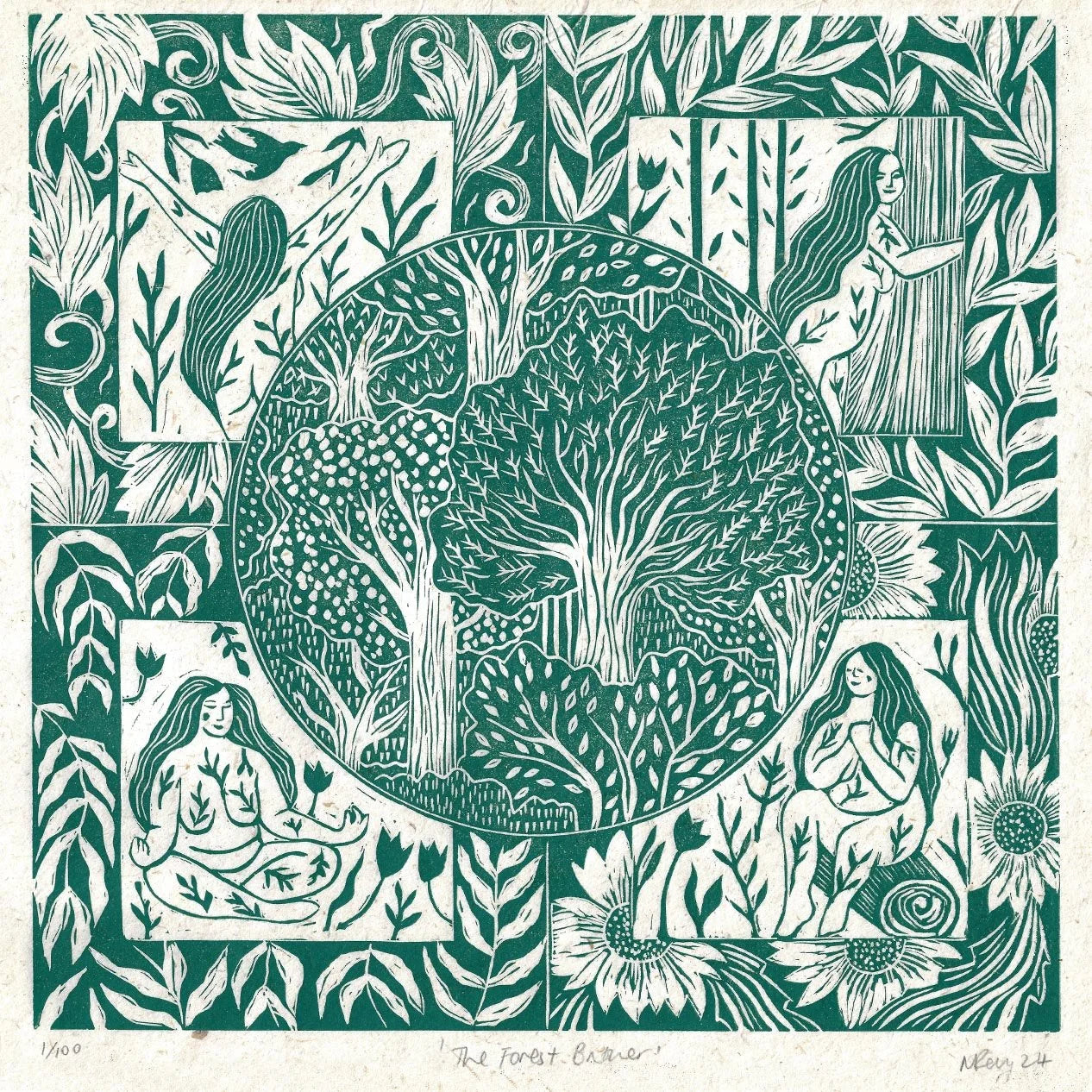 THE FOREST BATHER linoprint