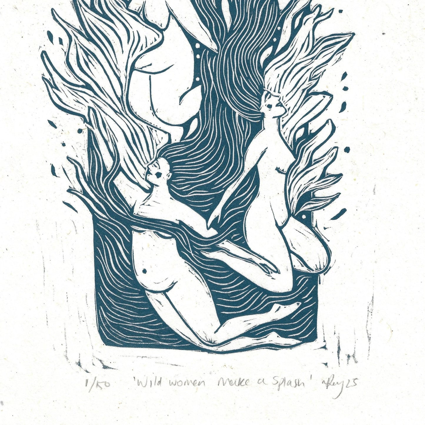 WILD WOMEN MAKE A SPLASH linoprint
