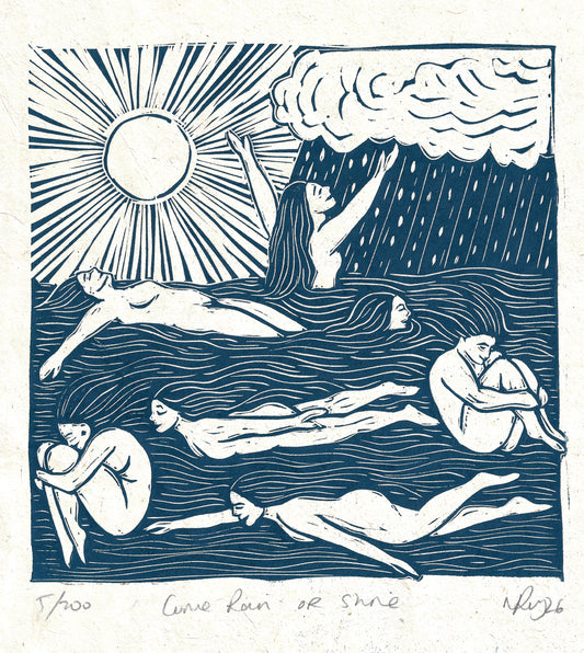 COME RAIN OR SHINE linoprint