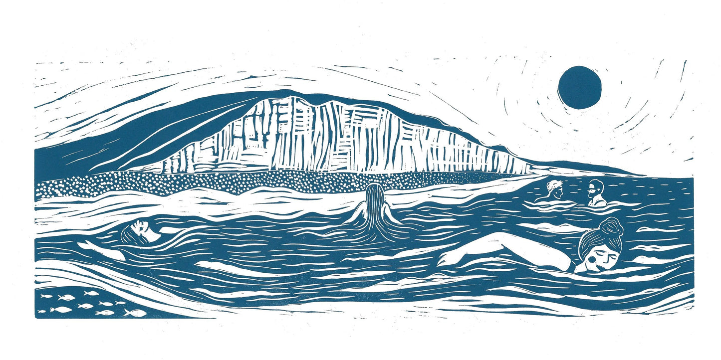 SWIMMERS AT THE BAY linoprint