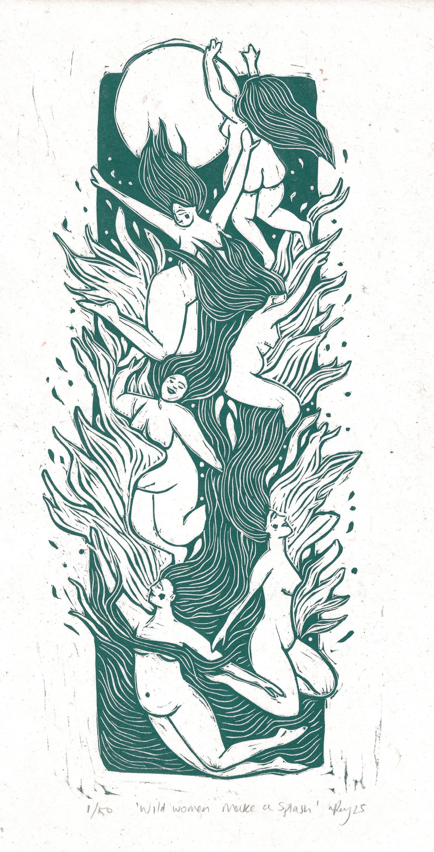 WILD WOMEN MAKE A SPLASH linoprint