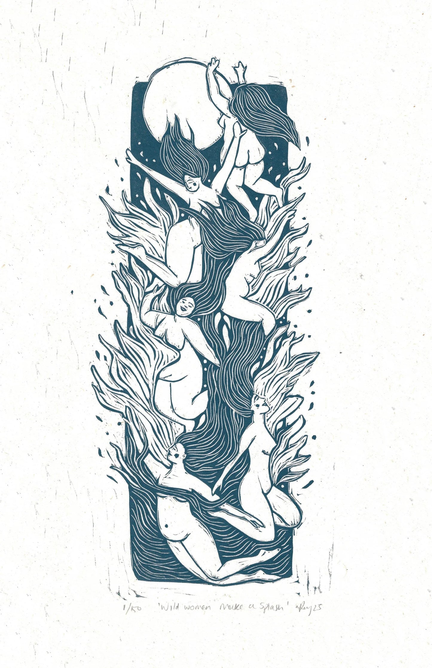 WILD WOMEN MAKE A SPLASH linoprint