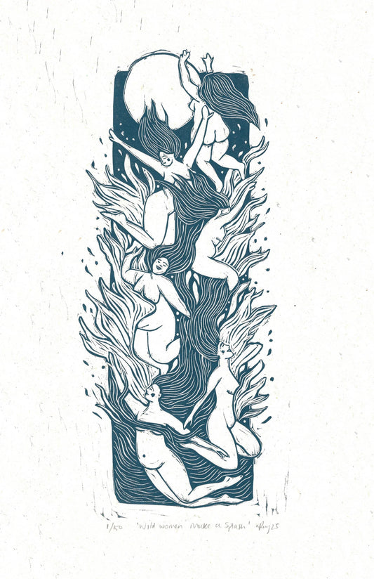 WILD WOMEN MAKE A SPLASH linoprint
